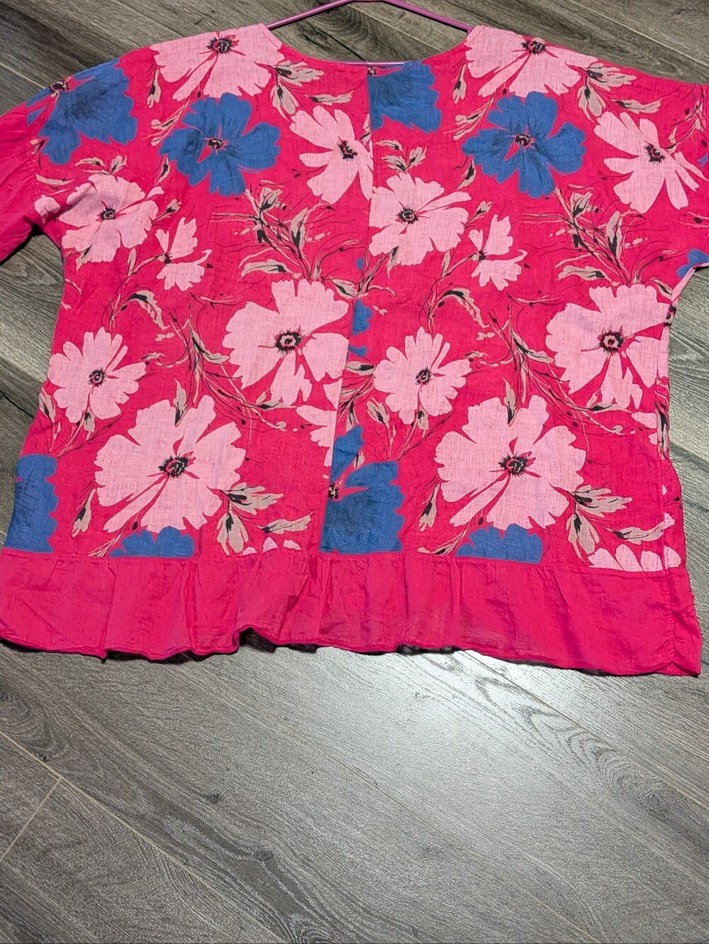 Prospero Oversize Linen Tunic .Women's Pink Floral Scoop-Neck Top. Frill Detail - Picture 6 of 6